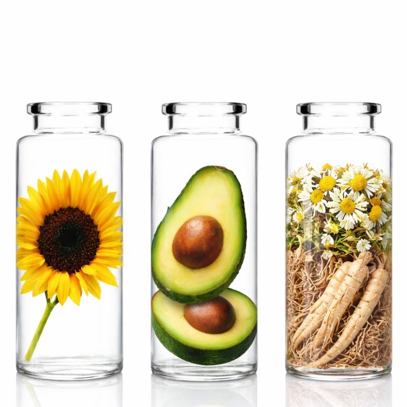 Glass bottles displaying natural skincare ingredients including sunflower, avocado, and botanical roots and flowers, representing plant-based ingredients used in O3 Evening Reset face and neck cream.