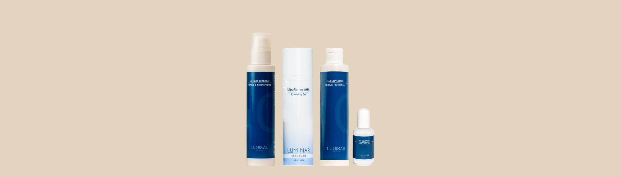 Combination Skin Collection featuring O3 Face Cleanser, O3 SunGuard, UltraRenew AHA Exfoliator Gel, and O3 Soothing Oil arranged together on a clean, minimal background.