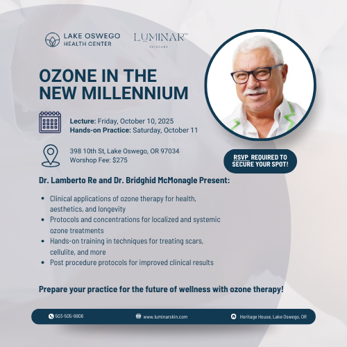 Advertisement for an ozone therapy workshop with details and a photo of a presenter.