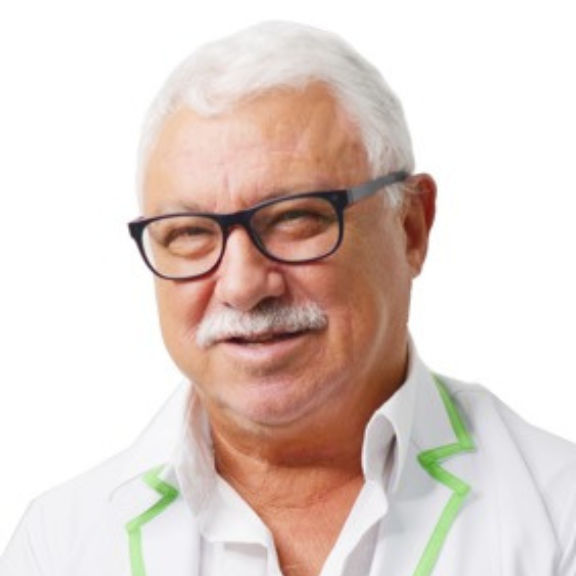 Portrait of Dr. Lamberto Re, an older man with white hair and glasses, wearing a white coat with green trim and smiling against a light background.