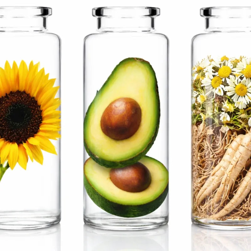 Glass bottles containing natural skincare ingredients including sunflower and botanical roots, representing ingredients used in O3 Evening Reset face and neck cream.