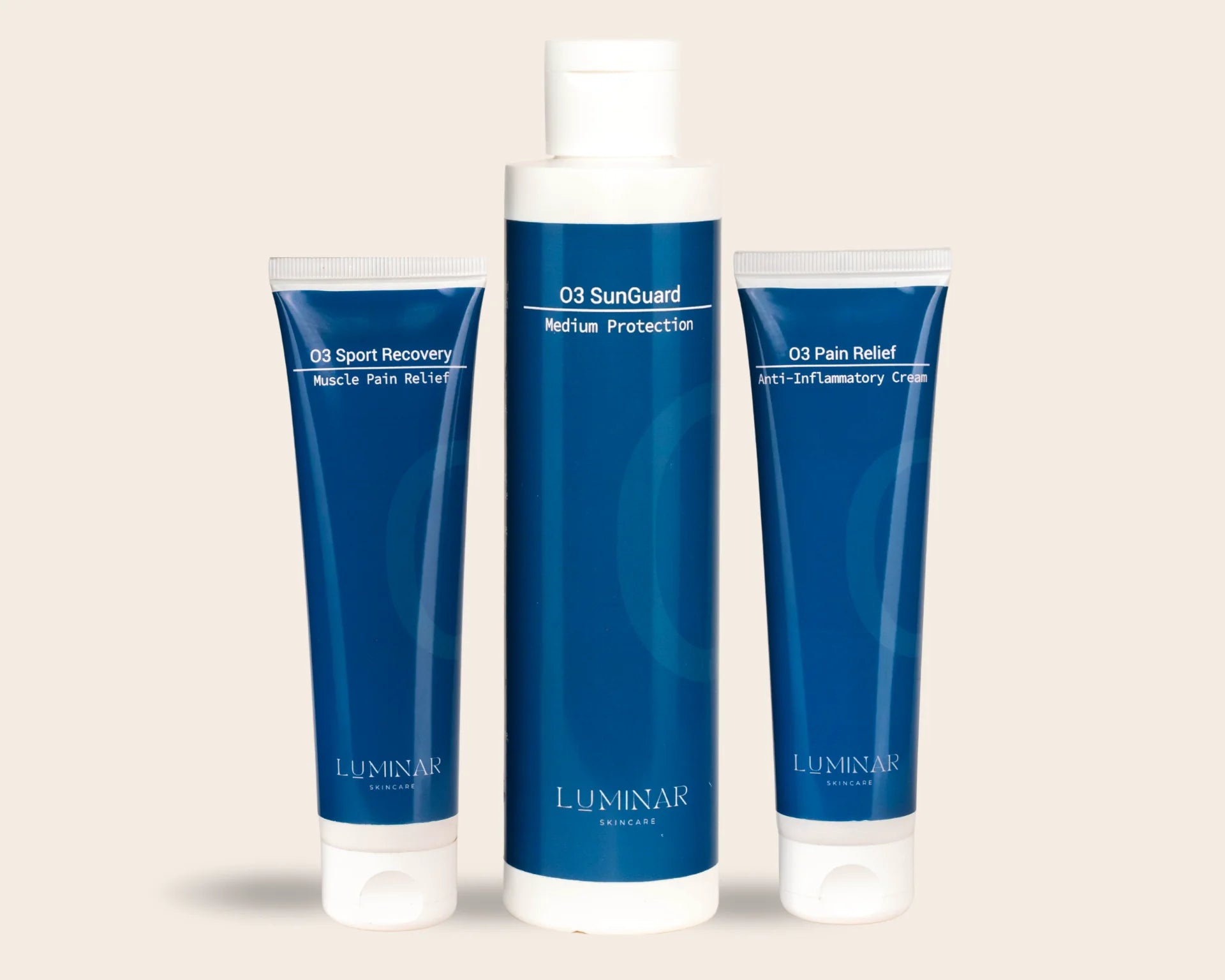 O3 Summer Essentials bundle featuring O3 SunGuard medium protection lotion, O3 Sport Recovery muscle pain relief cream, and O3 Pain Relief anti-inflammatory cream on a neutral beige background. 